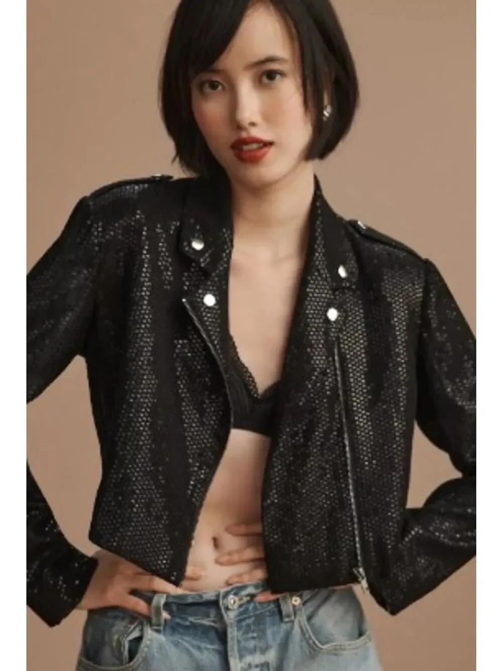 Anthropologie Sequin Cropped Moto Biker Jacket Sz. M